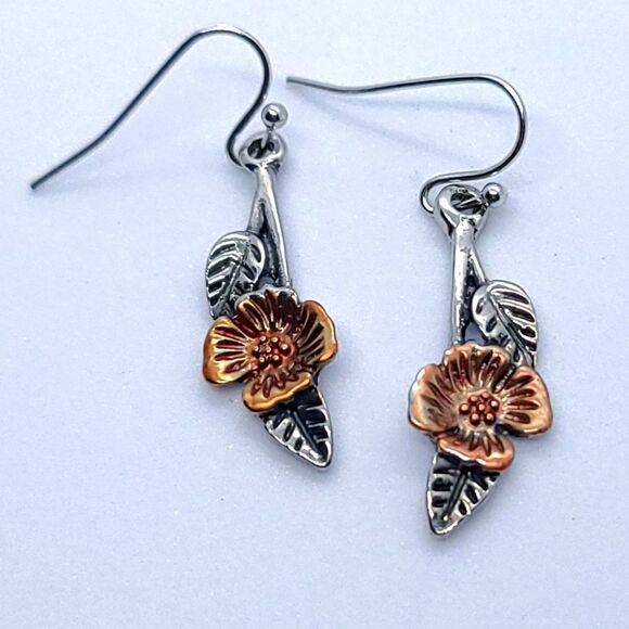 3D Two-Tone Tropical Floral Leaf Earrings Dangle Drop Silver Rose Gold Jewelry - Picture 6 of 6